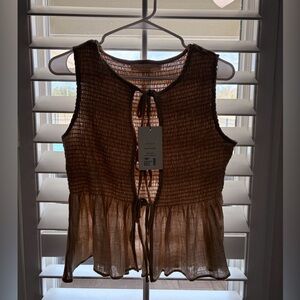 Stitch and Feather Smocked Tie Front Top